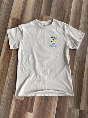 Obey Graphic Tee Floral Logo Back Print Beige T Shirt Medium